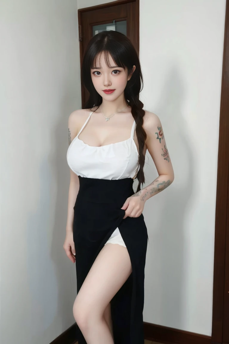 ulzzang-6500-v1.1,(raw photo:1.2),((photorealistic:1.30)), ((best quality)) ,((masterpiece)),((Ultra High Resolution)), ((Clear View)),,Ultra-high resolution,Clear face,（Reality：1.4) ,  illustration, an extremely delicate and beautiful, extremely detailed ,CG ,unity ,8k wallpaper, Amazing, finely detail, masterpiece,best quality,official art,extremely detailed CG unity 8k wallpaper,absurdres, incredibly absurdres, huge filesize, ultra-detailed, highres, extremely detailed,beautiful detailed girl, extremely detailed eyes and face, beautiful detailed eyes,light on face,cinematic lighting, 25 year old woman,1girl, 独奏, long hair, (One braid hair:1.5),brown hair,bare shoulders, jewelry, collarbone, earrings,smile, necklace, apron, apron, (full body:1.5), standing, (Tattoos:1.3), (Tattoos on the body:1.3), (super Giant breasts:1.7), (shagging breasts:1.5), (Cleavage:1.3), Naughty, sexy poses, (From the front:1.3), (Wearing glasses),