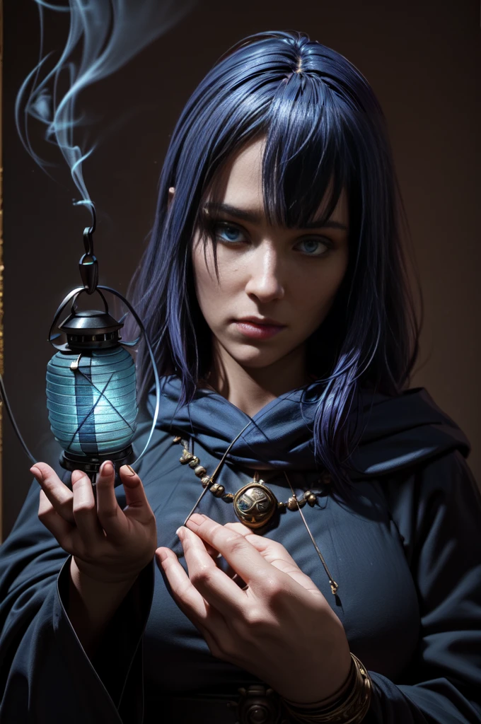 selfie, 1 character, rpg fantasy, fantasy race. in darkness, holding a lantern in front face (focus on lantern), magic item, large lantern suspended by chain. blue fire lantern, lantern font of light. the lantern shiny bright and conjuring falling smoke, blue fire. priest, hood, light reflect in face and eyes, serious expression. perfect hands [[in 2 hands, 5_fingers, five_finger, 5f, 5_fingered]]. original character, authentic. looking to viewer, focus on talisman and face.  centered, solo character, front view. semi realistic painting style, illustration. blank background, empty.3D, baroque style,oil paint,Rococo style, 3d