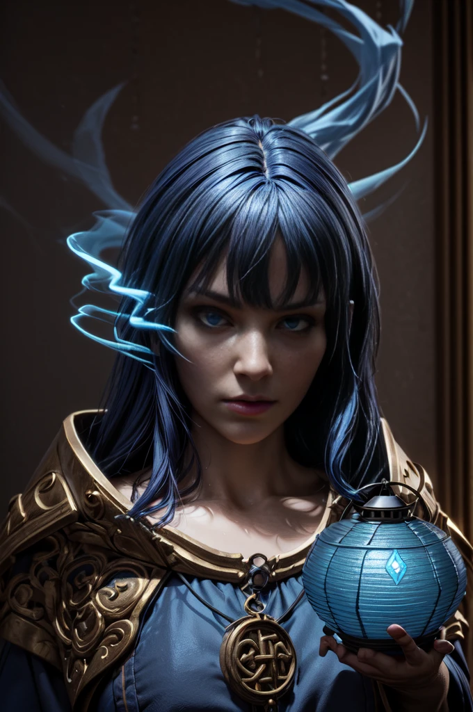 selfie, 1 character, rpg fantasy, fantasy race. in darkness, holding a lantern in front face (focus on lantern), magic item, large lantern suspended by chain. blue fire lantern, lantern font of light. the lantern shiny bright and conjuring falling smoke, blue fire. priest, hood, light reflect in face and eyes, serious expression. perfect hands [[in 2 hands, 5_fingers, five_finger, 5f, 5_fingered]]. original character, authentic. looking to viewer, focus on talisman and face.  centered, solo character, front view. semi realistic painting style, illustration. blank background, empty.3D, baroque style,oil paint,Rococo style, 3d