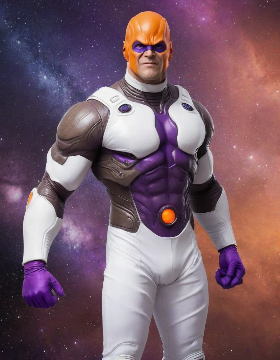 allenalien2023, muscular, orange skin, cyclops, 1eye, violet costume, white pants, collar, utility belt, bracers, greaves, three fingers, looking at viewer, serious, grin, full body shot, space, earth background, extreme detail, masterpiece,