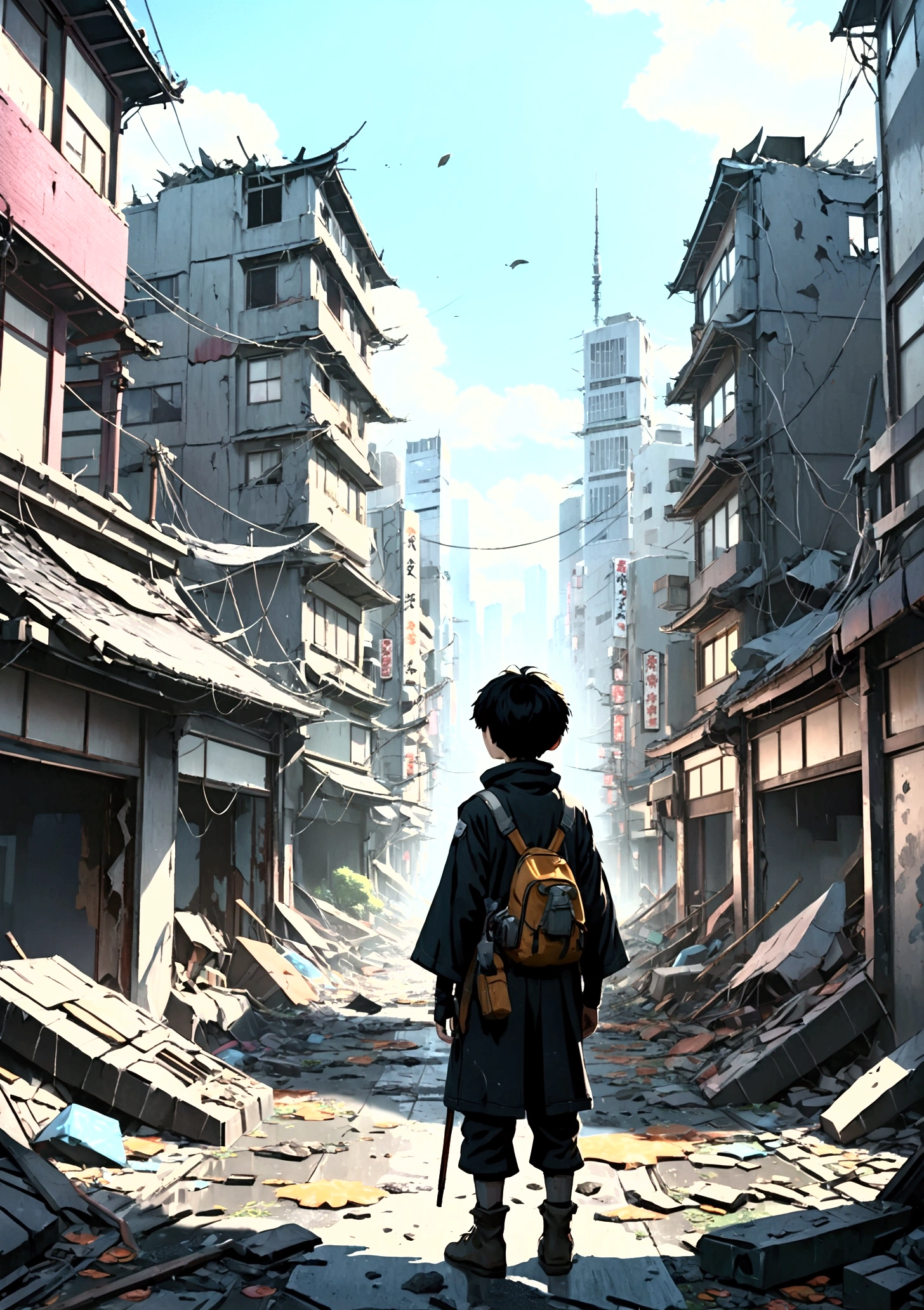 A boy living in a collapsing Japanese city, Floating Debris, Beautiful attention to detail, Beautiful lip detail, Very detailed目と顔, Long eyelashes, , Ruined cityscape, Post-apocalyptic, Very detailed, 4K, 8k, Realistic, Cinema Lighting, Dramatic colors, Calm Tones, Grainy, Dystopia, sf, Concept Art