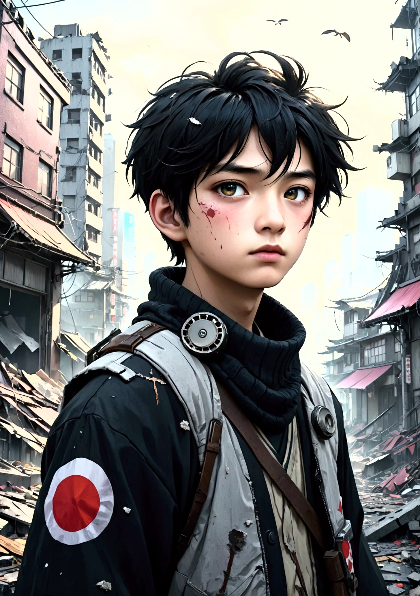 A boy living in a collapsing Japanese city, Floating Debris, Beautiful attention to detail, Beautiful lip detail, Very detailed目と顔, Long eyelashes, , Ruined cityscape, Post-apocalyptic, Very detailed, 4K, 8k, Realistic, Cinema Lighting, Dramatic colors, Calm Tones, Grainy, Dystopia, sf, Concept Art