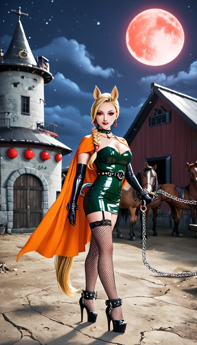 (High quality, masterpieces), One Japanese woman standing with her legs split, A large fireball floating on the tip of her hand, Blonde braid hair with horse ears, Beautiful face, A little black tattoo on her forehead, Red eyes, horseshoe shaped earrings, Orange short cape, Dark-green mini dress made of shinny latex, Body accessories made with chains, Attach a horse tail on her hip, black wedge heels, Black long gloves with the shackles, Black leather choker, Black fishnet Stockings, Garter belt, Old fortress at midnight, Red moon