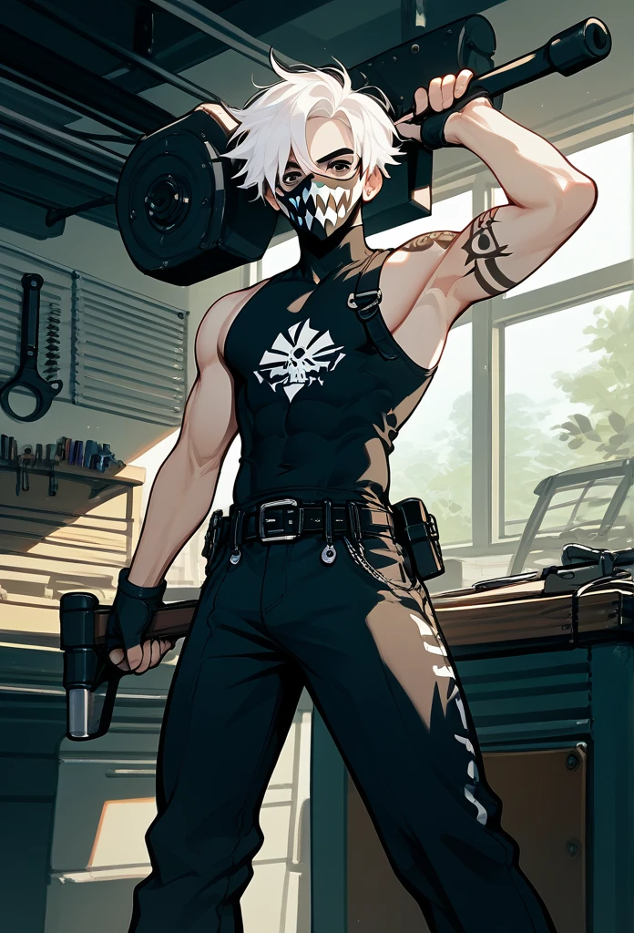 masterpiece, best quality, male, (masked face, full mask, covered face), white hair, short hair, spiky hair, mature body, muscular body, mechanic pants, tool belt, workshop, tattoos, holding hammer