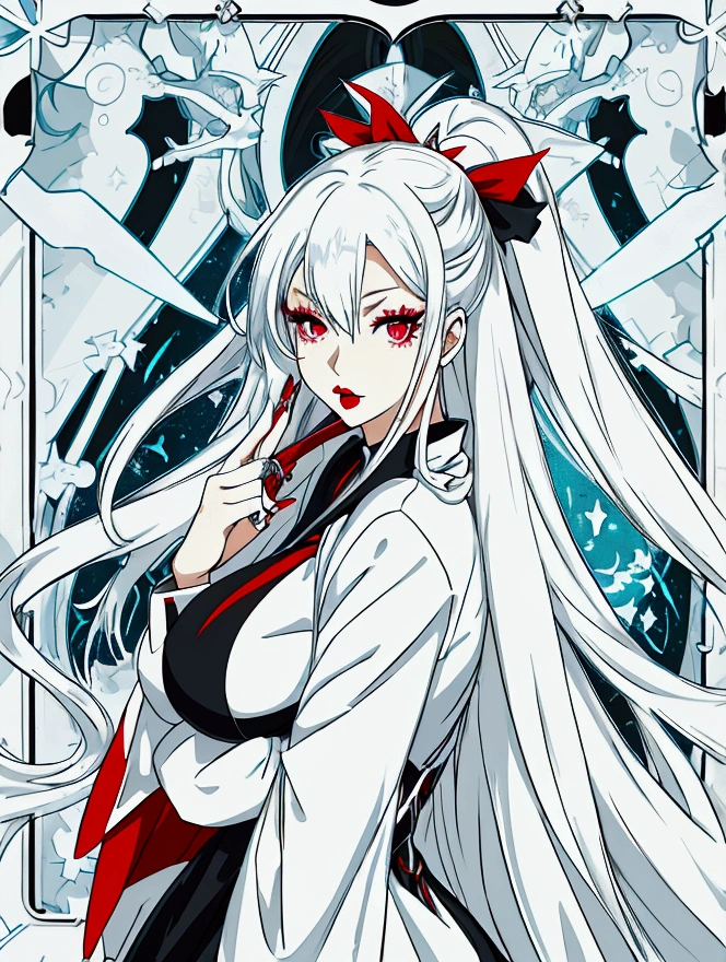 anime style, Adult woman with long loose white hair, perfect body with big breasts perfect faces her eyes are bright blue she has red lipstick white skin, She wears a black and white dress with shiny details in her two hands. She has blue fans with iron tips.. He is around many people in a large room.