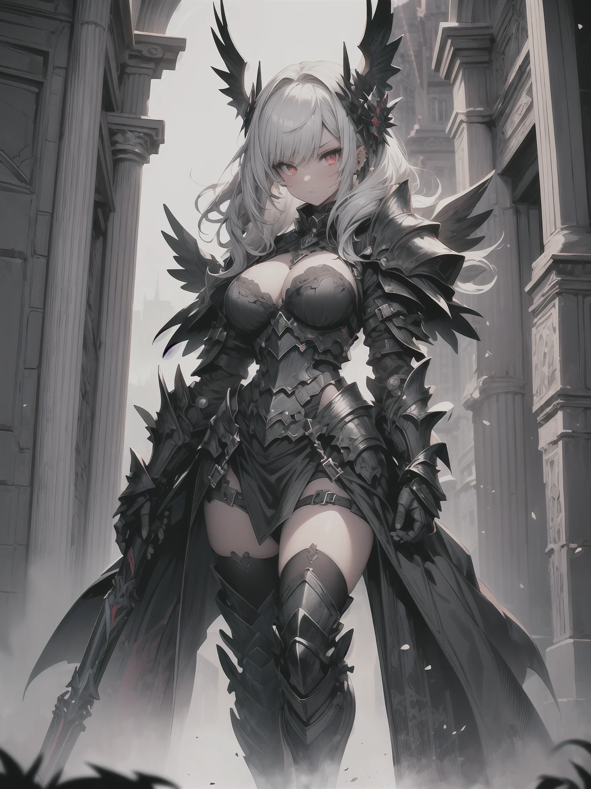 (((masterpiece, best quality, 16k)))queen power armor , (gothic style), full body view , bellybutton, The most beautiful and sexy demon goddess, long white hair, glowing red eyes, wearing detailed black gothic battle armor, black angel wings, tattoos and piercings, gothic castle, perfect masterpiece, high quality, high resolution