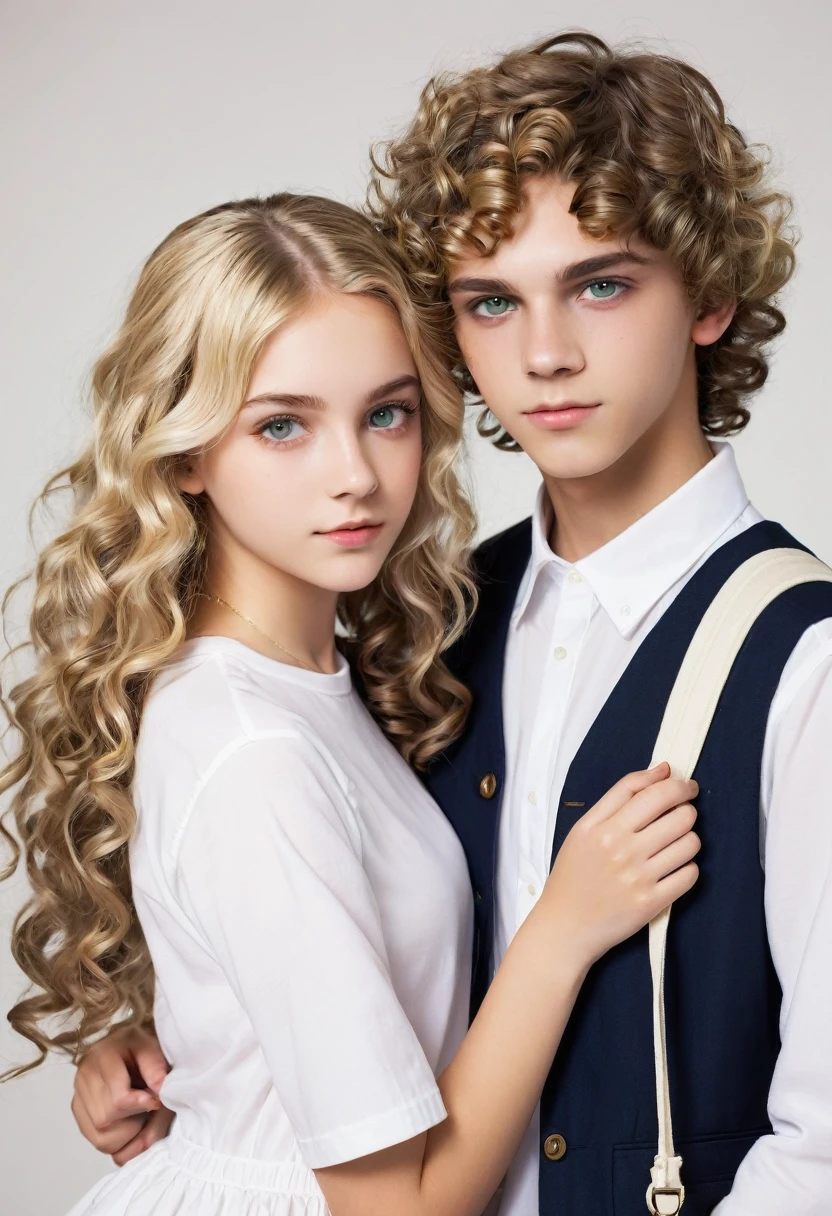 Creates a male and female teenage couple.
naughty girl: straight and blonde hair, greeneyes, white skin color e usa óculos
•
Menino: dark brown curly hair, light brown eyes, white skin color