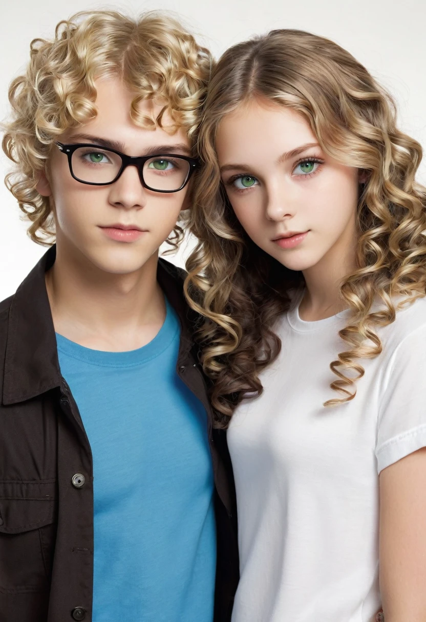 Creates a male and female teenage couple.
naughty girl: straight and blonde hair, greeneyes, white skin color e usa óculos
•
Menino: dark brown curly hair, light brown eyes, white skin color
