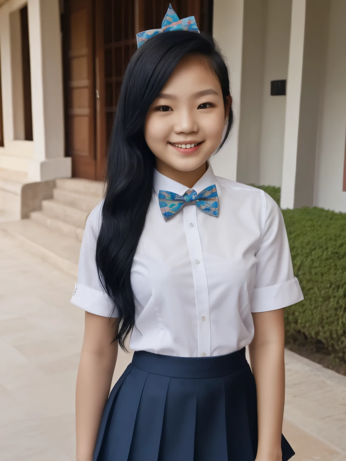 Masterpiece, hd, realistic, 1girl, beautiful girl, smiling, Thai girl,  wearing school_uniform, white collared shirt, bowtie, blue pleated skirt,  vibrant, vivid, (bows), black hair, ponytail, standing, outdoor, streets, (Thailand:1.2)