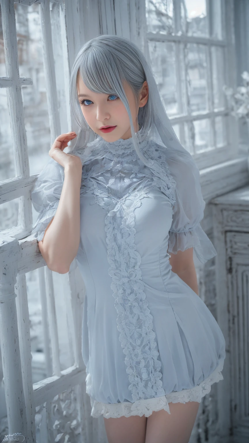 ((high quality)),Tabletop,(Detailed depiction of the local area:1.2),One Girl,blue eyes,Big ample breasts,Mouth closed,eyelash,View your viewers,Portraiture,alone,Upper Body,Gray Hair,White Theme,lolita costume costume, Casual pose, Photorealistic horny girl rendering, Surreal , seductive horny girl