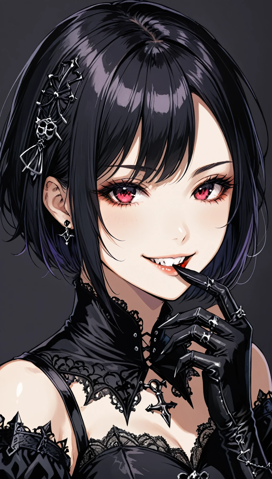 1girl,short hair,Use your mouth to adjust the base of the glove,Smile,portrait,Gothic style