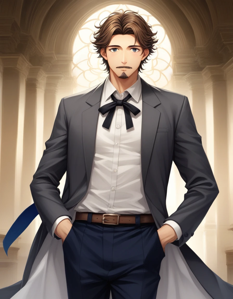 Score_9, score_8_up, score_7_up, source_anime, 1man, mature male, parted bangs, medium-short hair, brown hair, muscular male celeb, short goatee, short mustache, indigo eyes, gentleman, elegant netori male, dark iris, upperwaist, BREAK solo, white collared shirt, gray trench coat, black neck ribbon, in gentle sasaki style, visual novel, 2010s, extreme all detailed, masterpiece, best quality