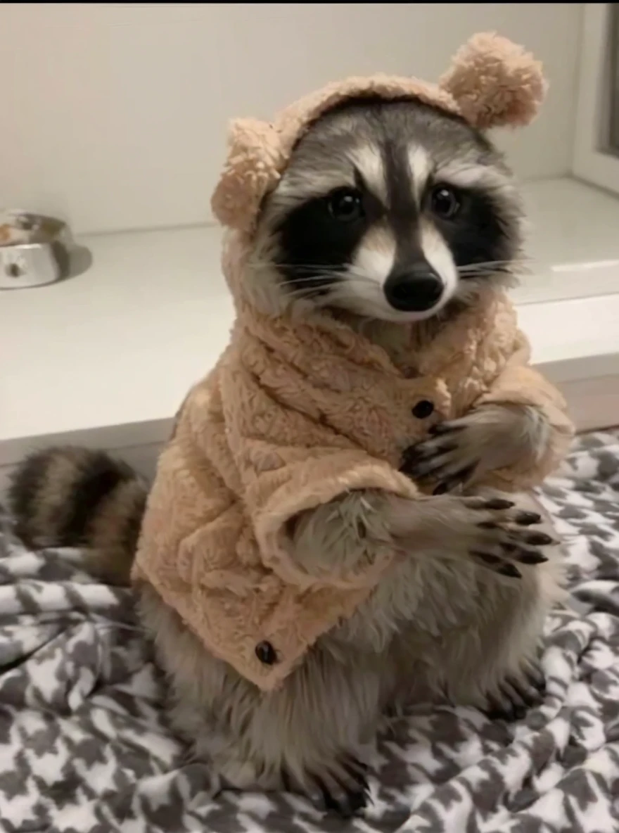 a cute raccoon wearing pajamas, detailed furry texture, adorable facial expression, wide eyes, small nose, cuddly pose, soft warm lighting, pastel colors, whimsical, magical, (best quality,4k,8k,highres,masterpiece:1.2),ultra-detailed,(realistic,photorealistic,photo-realistic:1.37)