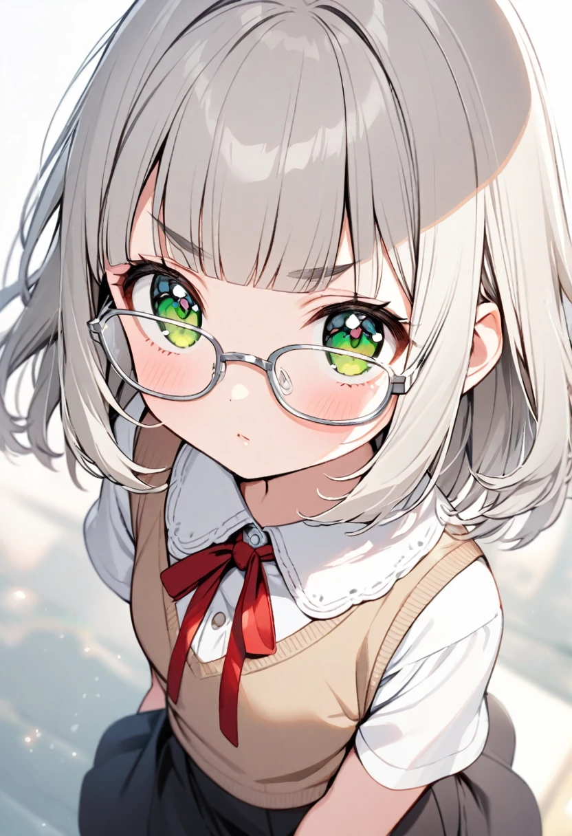 cute girl, silver hair, blunt bangs, (short bangs above brows), silver framed glasses, wearing , (white shirt, red ribbon, light brown vest, black skirt), green eyes