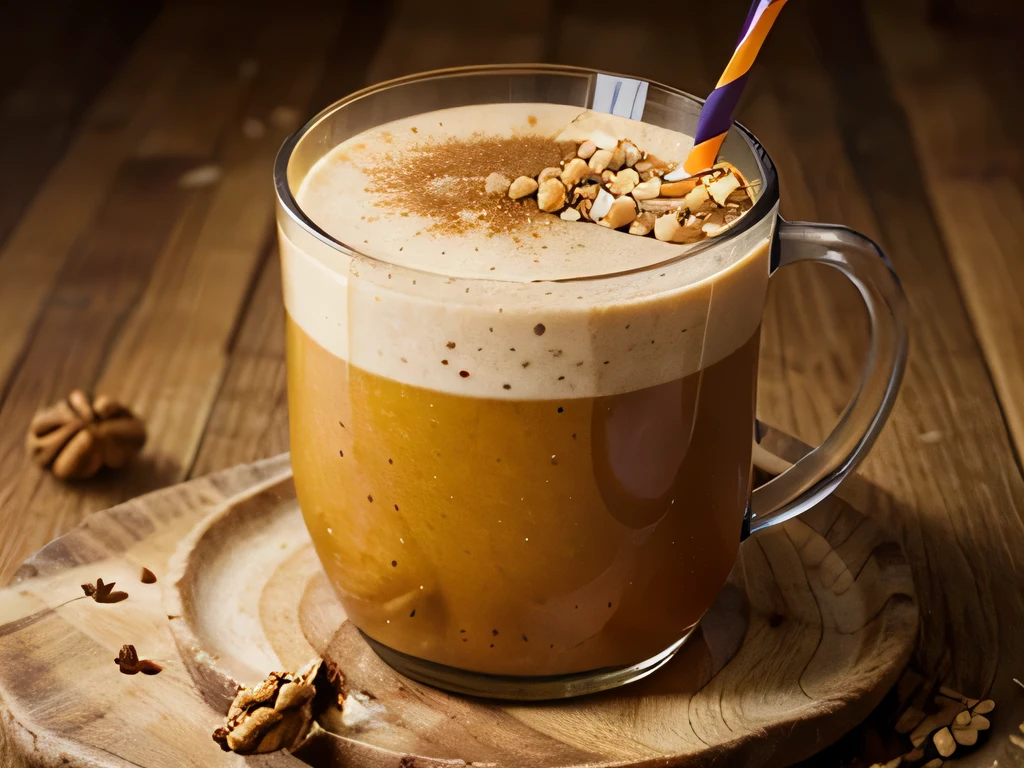 Create a photo of a pumpkin smoothie, Walnuts, soy milk let the decoration be the ingredients