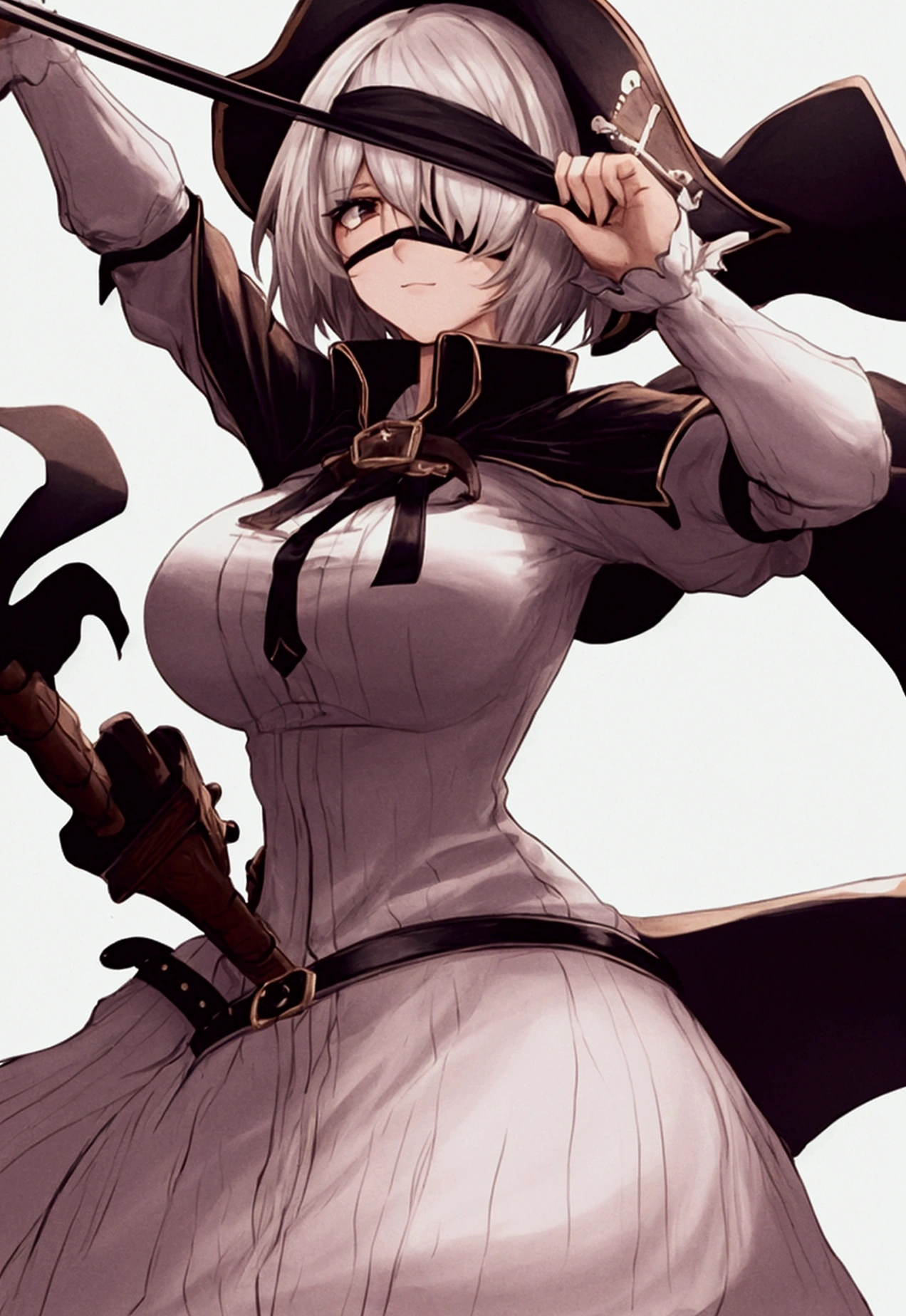 Character 2B, wearing a pirate cape, blindfold, on a white background, high image quality, 4K , front view