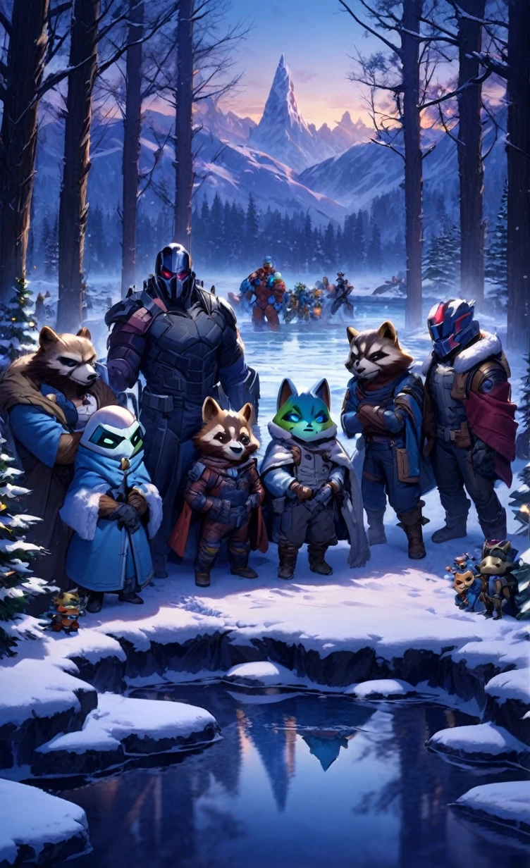 A charming miniaturized scene featuring the Guardians of the Galaxy huddled together, seeking warmth in a snowy forest. From left to right, Drax the Destroyer, Rocket Raccoon, Gamora, Star-Lord, and Groot are all bundled up against the cold. The background reveals a winter wonderland with snow-covered trees, a frozen lake, and a distant mountain range. The atmosphere is cozy and heartwarming, with a sense of camaraderie among the team members.