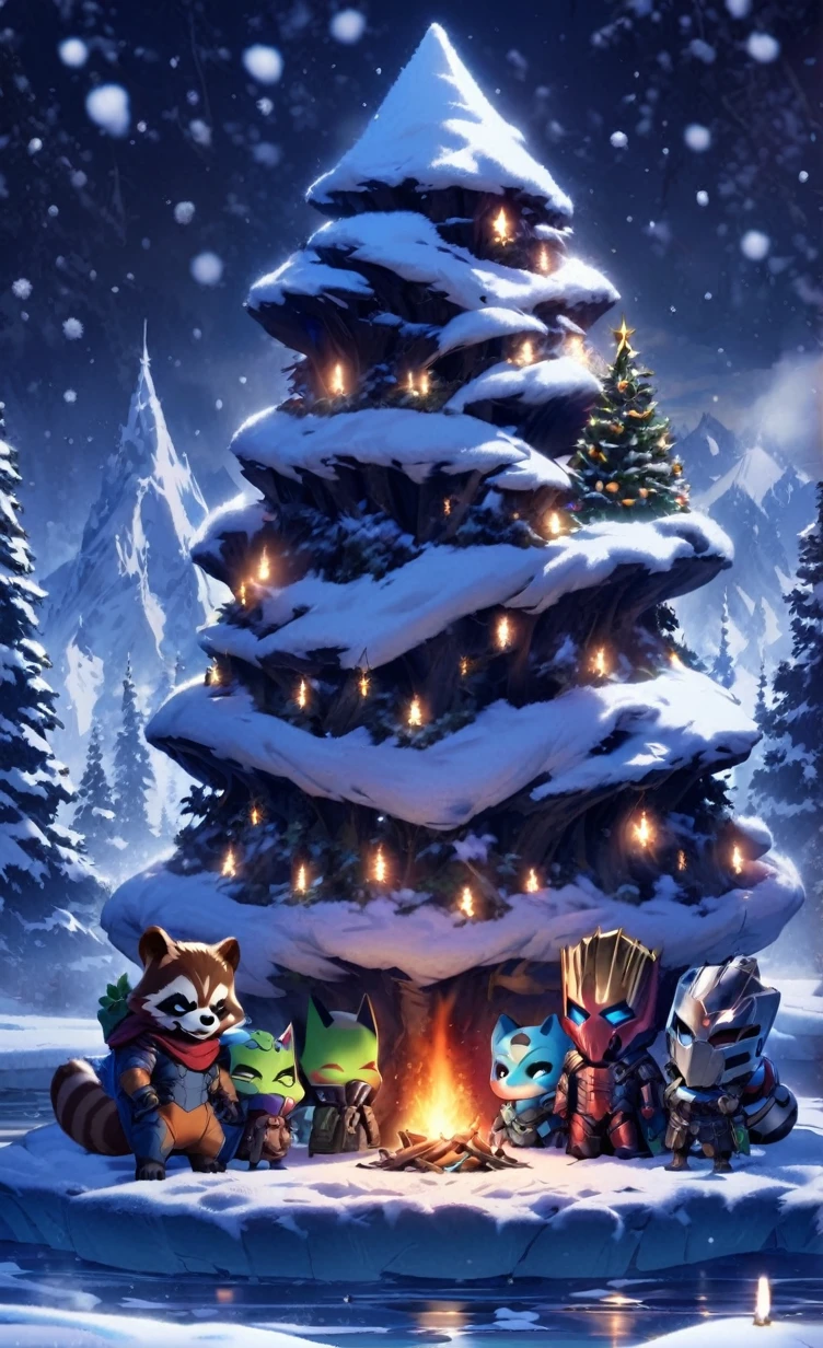 A charming miniaturized scene featuring the Guardians of the Galaxy huddled together, seeking warmth in a snowy forest. From left to right, Drax the Destroyer, Rocket Raccoon, Gamora, Star-Lord, and Groot are all bundled up against the cold. The background reveals a winter wonderland with snow-covered trees, a frozen lake, and a distant mountain range. The atmosphere is cozy and heartwarming, with a sense of camaraderie among the team members.