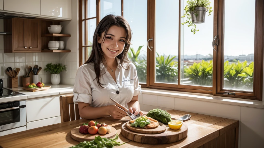 A Brazilian female chef with a smile，Very nice mood，In a bright European kitchen，There is a large window，There is also a beautiful setting of plants to cook delicious food and several healthy dishes ready on a table in plain sight.