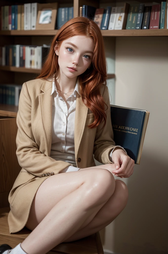 young redhead, university student, beautiful, delicate face, university uniform, books