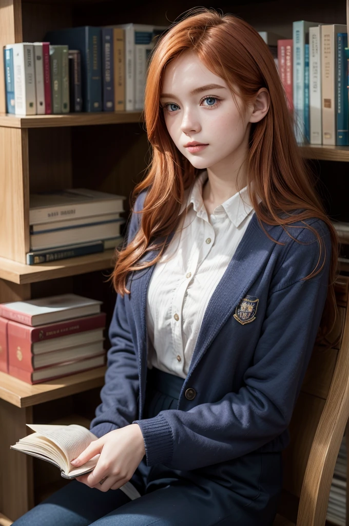 young redhead, university student, beautiful, delicate face, university uniform, books