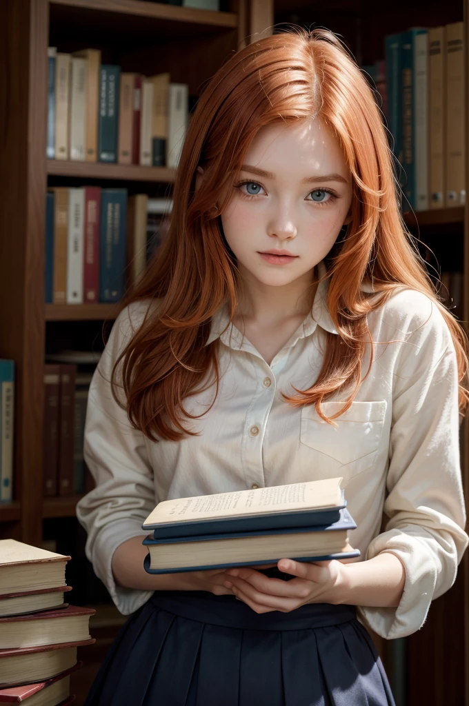 young redhead, university student, beautiful, delicate face, university uniform, books