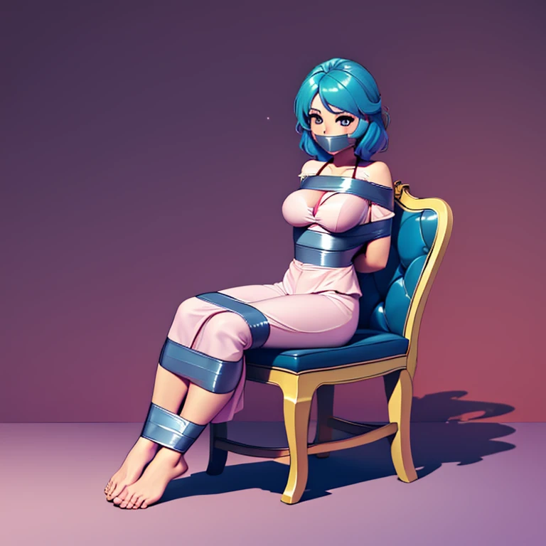 (bright lighting,romantic setting),bride,(((only))), captured, dreamy background,bondage , soft skin, alluring beauty, artistic portrait, high-quality image, vibrant colors,in the bed,tape bondage,tape gag,sit on a chair, Focus full body, barefoot, look at the chamera 