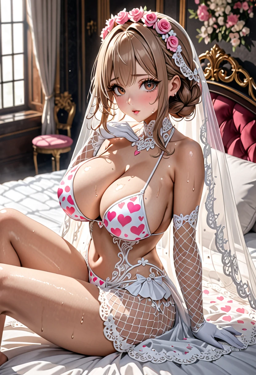 (((Highest quality, Ultra-high resolution、The most complex and detailed depiction)))、((masterpiece:1.3)), (8k, RAW Photos, Best image quality: 1.4), Very detailedな顔、Attention to detail、(Beautiful woman:1.4),(Realistic:1.4) (8k, RAW Photos,), (photo-Realistic:1.3), Very detailed, Beautiful attention to detail, (girl:1.3)、(Bride in prom dress)、Dark eyeliner、Eyelash length、False eyelashes、double eyelid、Brown eyes、Light fluorescent lip gloss, ((hostess:1.2)),(((pink heart print bikini、Red and white big heart pattern),(Pink tea bags)、(White wreath on head、Wedding Veil、Maria Bale))、Pink heart choker around the neck),(((open wedding dress)))、(((White Mesh Opera Gloves))),(Huge breasts:1.6),、(Cleavage:1.2)、(((Light brown hair、Braided hair、((Gather your hair at the back of your head,Put your hair up)))))、Gal-style makeup、Dark eyeliner、Black eyeliner、Heavy eye makeup、Eyelash length、False eyelashes、Eyelash length、Big eyes、Big black eyes、Big eyes、elongated nose、Heavy makeup、Face with gills、Spread your legs and face forward.、(((whole body)))、Spread your legs座る、Spread your legs、sexy、Glamorous Body、(Saggy breasts、Large saggy breasts)、((Sweat、Your body is wet))、(((Lie face up on the bed)),(Breastfeeding with your arms、Cover your crotch with your hands)、Put your hair up behind your head