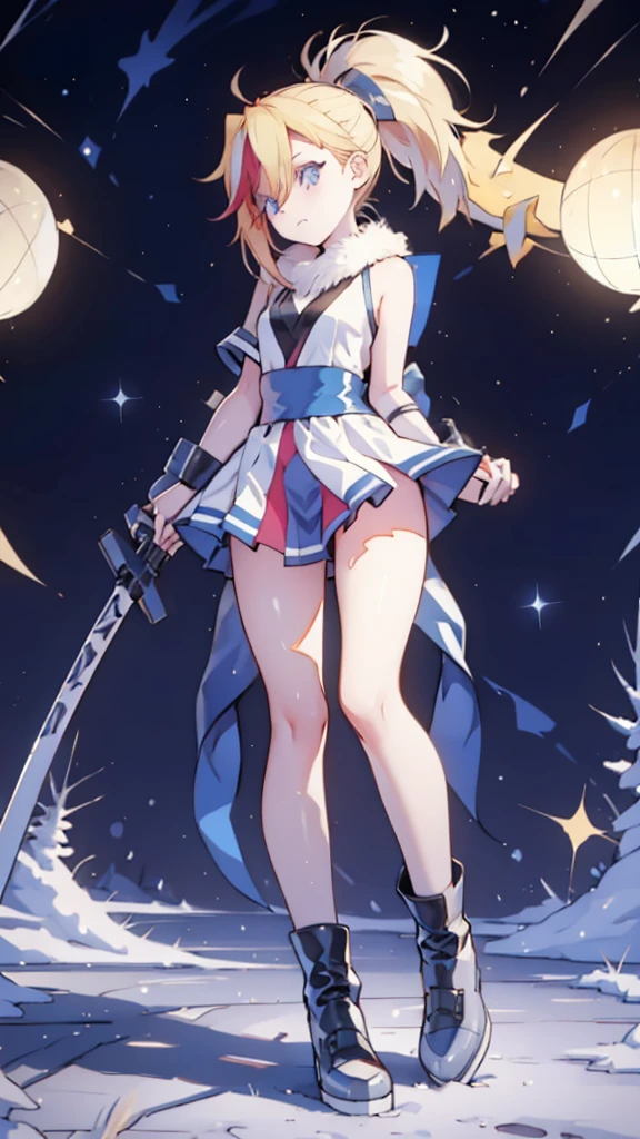 1 girl, ultra long hair, ultra detailed face, glowing lips, glowing blue eyes, very long ponytail, elegant walk, catwalk, holding down a  giant katana, blonde, long eyelashes, long boots , looking to the sky, starry sky, a ultra giant katana 