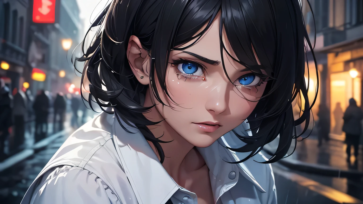 motion scene, 26 year old woman with black hair and white shirt, blue eyes crying a lot and screaming, running in the rain in old, dark and old city, at night, face with tears in tears (best quality, 4k, 8k, high resolution, masterpiece: 1.2), ultra detailed, (realistic, photorealistic, photorealistic: 1.37), hdr, uhd, studio lighting, ultra fine painting, sharp focus, physically based rendering, extreme detailed description, professional, vivid colors , bokeh, portrait, dramatic lighting