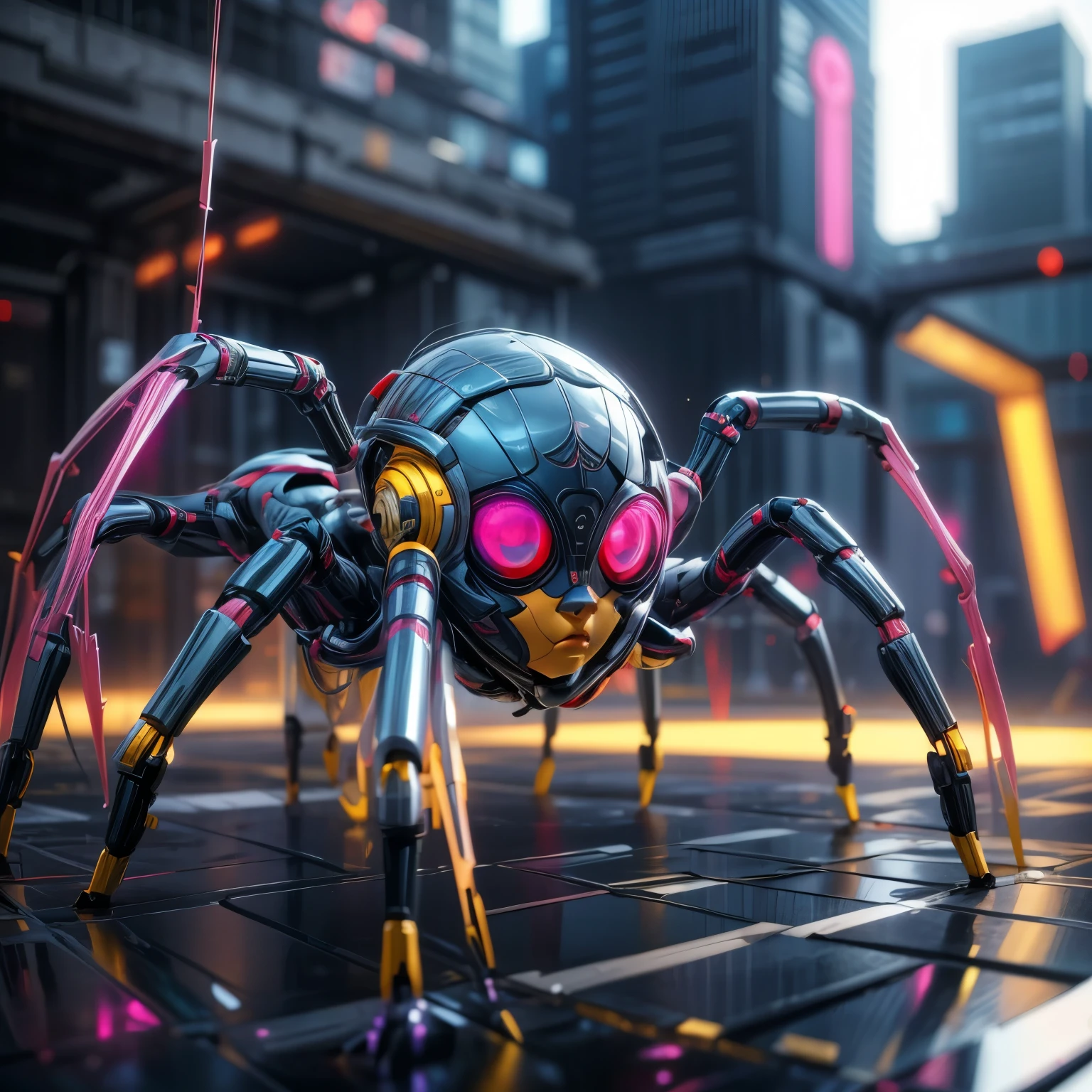 appearence a 13 years old teenage girl,red eyes,albino,calm,quiet,cute,pretty,full body,looking ahead,short hair combed back,red outfit,black short,tied hair,spider verse suit,serious look,cyberpunk background 