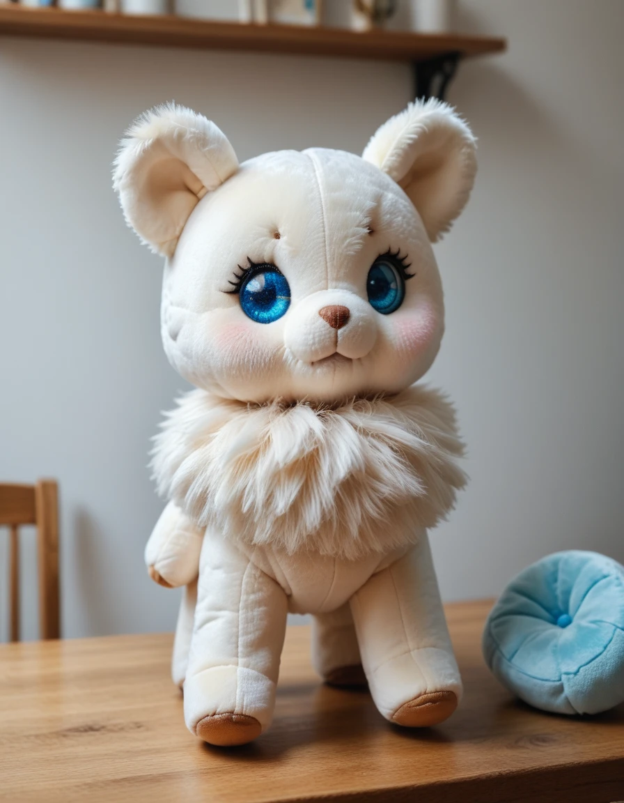 score_9, score_8_up, score_7_up, score_6_up, score_5_up, score_4_up, score_9, a real beauty and fluffy white lulu pomeranian, blue round eyes, plushie standing on a real table