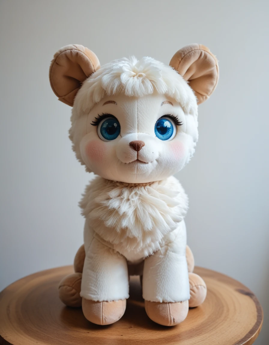 score_9, score_8_up, score_7_up, score_6_up, score_5_up, score_4_up, score_9, a real beauty and fluffy white lulu pomeranian, blue round eyes, plushie standing on a real table
