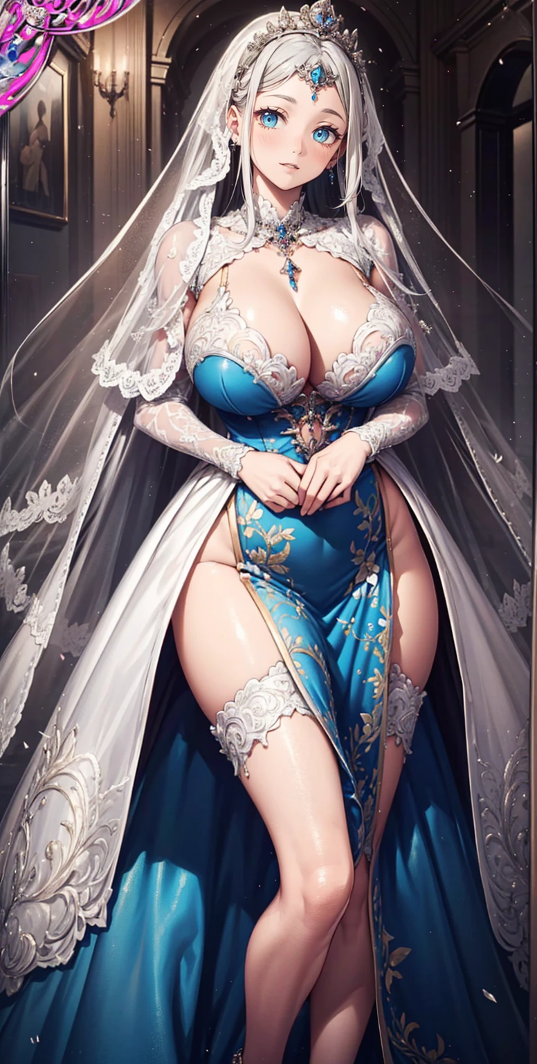 (best quality,4K,8ก,high resolution,Masterpiece:1.2),very detailed,beautiful girl,queen,magic,charming,happiness,sacred,magical effect,silver hair,blue eyes,light pink wedding dress,bridal crown,a small amount of blue cloth,exquisite clothes,Floor skirt,lace details,Delicate ruffles,bedroom,alone,at night,Lace stockings,แถบsacred,transparent clothes,decorated with jewelry, big breasts, (gigantic bust:1.2),Show your breasts,The cracks are clear....,((big tits)),(pubic bone), rift, visible chest,seductive pose,I see bulging nipples
