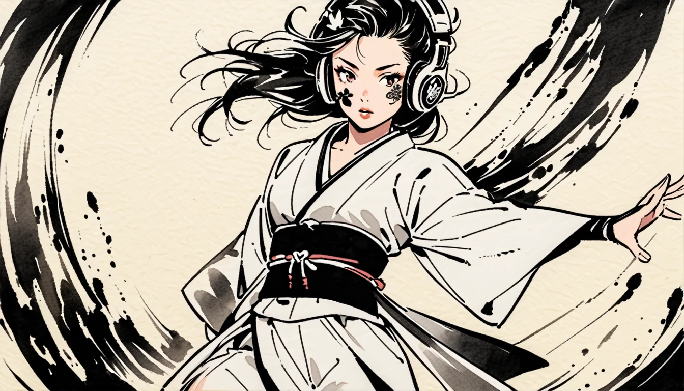 (((Ink Painting))), ((Japanese style headphones)), (((Japanese pattern tattoo on face))), Gorgeous hair accessories, Japanese Woman, Fluttering Hair, (((karate))), yes sir