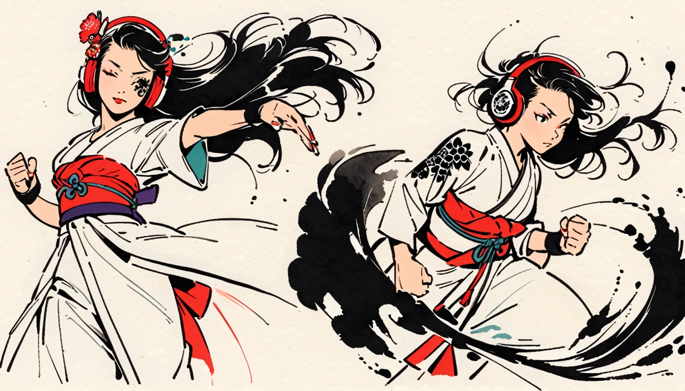 (((Ink Painting))), ((Japanese style headphones)), (((Japanese pattern tattoo on face))), Gorgeous hair accessories, Japanese Woman, Fluttering Hair, (((karate))), yes sir