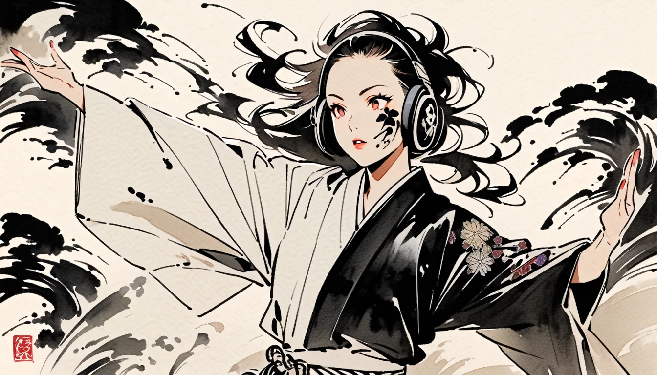 (((Ink Painting))), ((Japanese style headphones)), (((Japanese pattern tattoo on face))), Gorgeous hair accessories, Japanese Woman, Fluttering Hair, (((karate))), yes sir