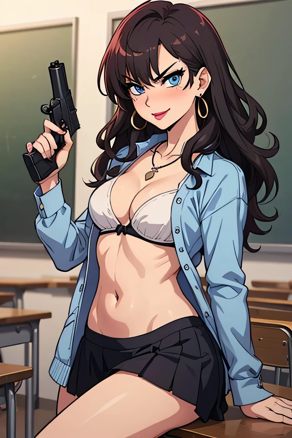 ichinose_shiki, blue eyes, (medium breasts:1.5), wavy hair, brown hair, (purple hair:0.5), earrings, jewelry, long hair, blush, lipstick, Hot girl, baddie, staring, glaring, bad attitude, mean girl, dare, angry, hate, crazy, smoking, sensual, attractive, masterpiece, best quality, ((unbuttoned , cleavage, necklace, earrings, sexy body,
breasts)) , micro skirt, smiling, navel , exposed belly, exposed navel,school,knot,
classroom , holding a gun, hold a gun,holding pistol