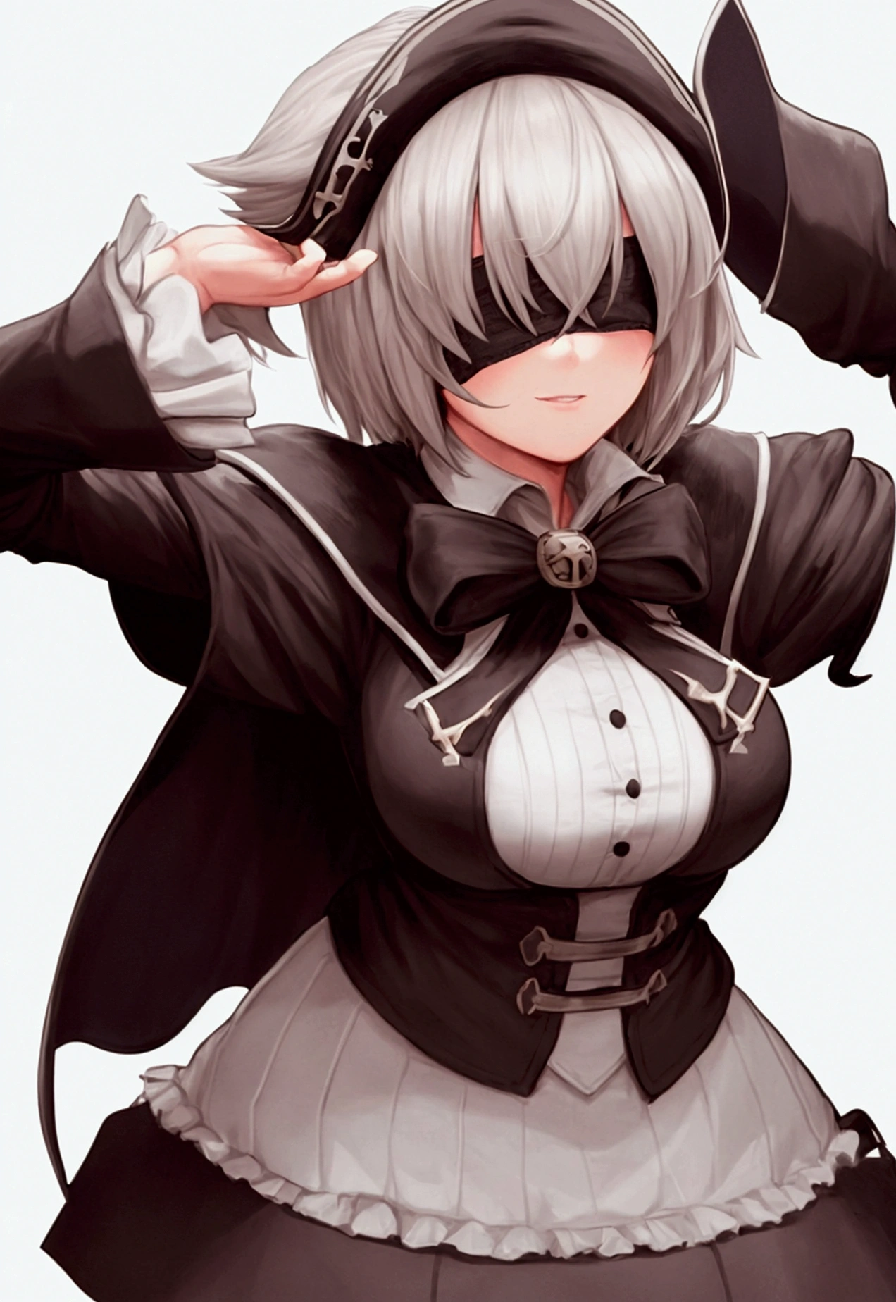 Character 2B, wearing a pirate cape, blindfold, on a white background, high image quality, 4K , front view