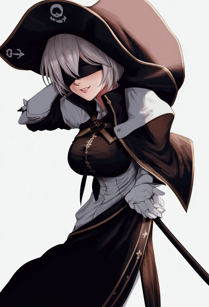 Character 2B, wearing a pirate cape, blindfold, on a white background, high image quality, 4K , front view