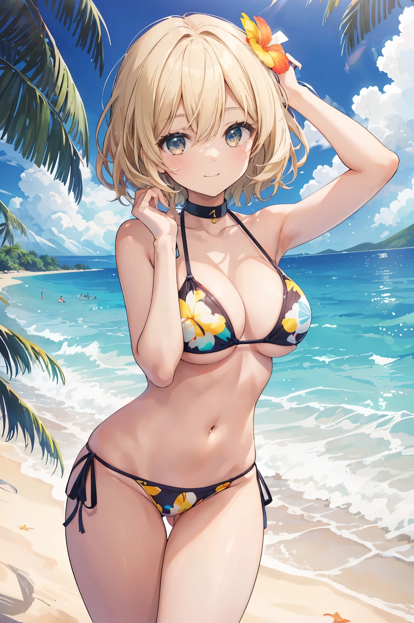 (Browsing Caution)、Beautiful young woman,Perfect body and beautiful big eyes, Perfect slim and thick body, Short wavy hair, hair band, Subtle printed micro bikini, Fun at the beach, Tropical Island, Happy, Smiling Kindly, Open, that'Do it perfectly, Mute Tone, Atmosphere, Clean Lines, Complex, Very detailed, Realistic, 8k、、