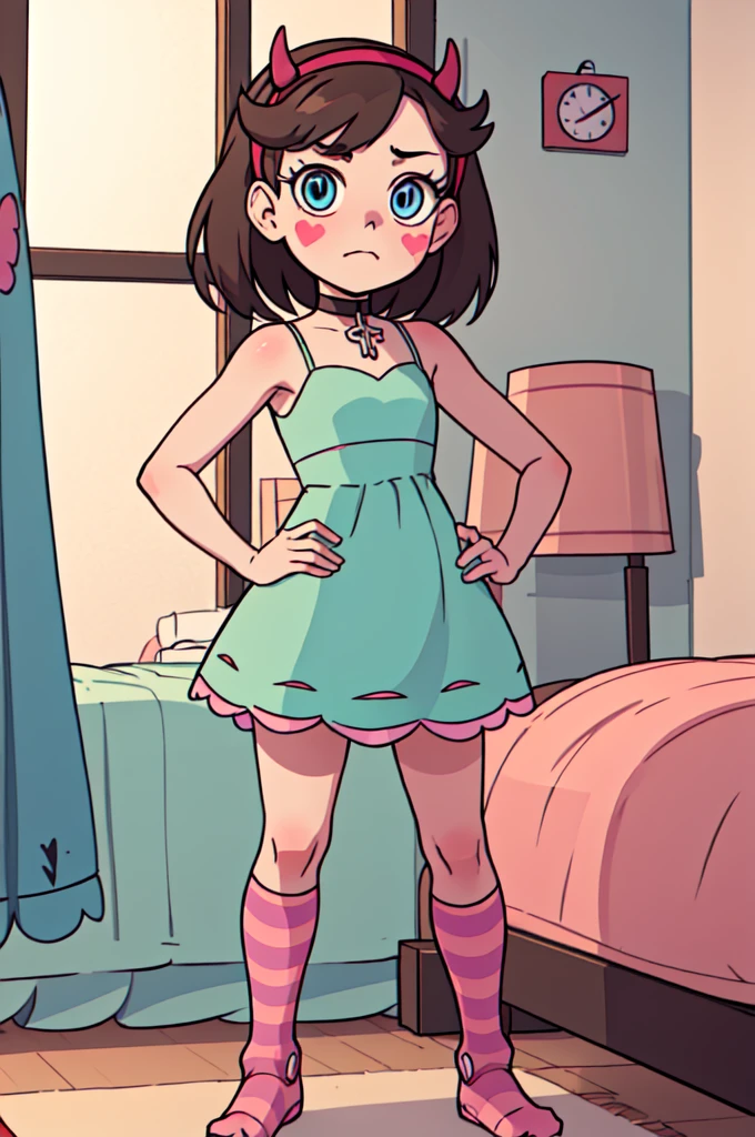 masterpiece, Best Quality, StarButterfly, ashamed, blush, standing, hands on the hips, 1 girl, by rubio, hats with horns, hair band, by the wide, Alone, blue eyes, facial mark, very by the wide, blush stickers, looking at the viewer, inside, bedroom, marnie_attire, dress, pink dress, striped longsocks