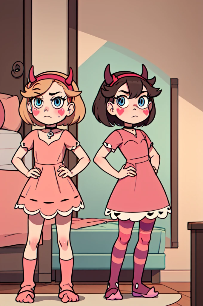 masterpiece, Best Quality, StarButterfly, ashamed, blush, standing, hands on the hips, 1 girl, by rubio, hats with horns, hair band, by the wide, Alone, blue eyes, facial mark, very by the wide, blush stickers, looking at the viewer, inside, bedroom, marnie_attire, dress, pink dress, striped longsocks