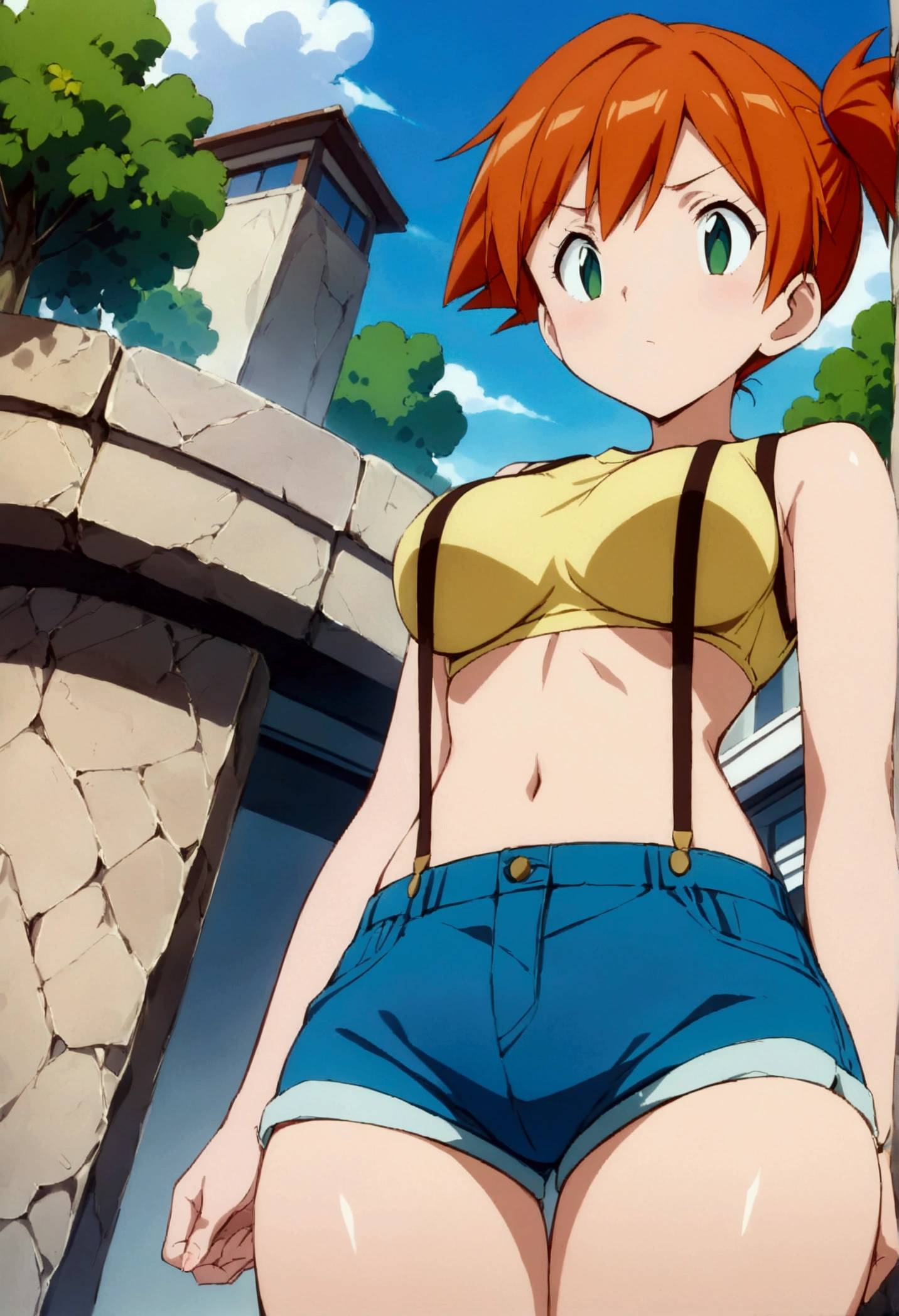 (score_9, score_8_up, score_7_up), (best quality, masterpiece),perfect anatomy,aesthetic,very aesthetic,official style, ultra-high resolution,source_anime.from below,below view,face focus ,,standing ,  (mature) ,1girl, Outdoor, Green Eyes, Orange Hair, , Yellow Shirt, Sleeveless shirt,stomach, Denim shorts, suspenders, ,   (slender), ,shirt_pull:1.2,(Composition)
