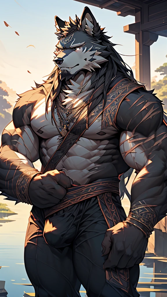 (masterpiece),(highres),(intricate details:1.4),extremely detailed,(illustration:1.2),8k,photorealistic,exquisite,(daddy:1.5),aged,elder male wolf,muscular,(guardian:1.7),black fur,manhood,warrior,(black fur:1.3),long hair,long beard,(numerous scars),(bulging crotch:1.8),(homosexual:1.5),(a serene face:1.9)(sexy)