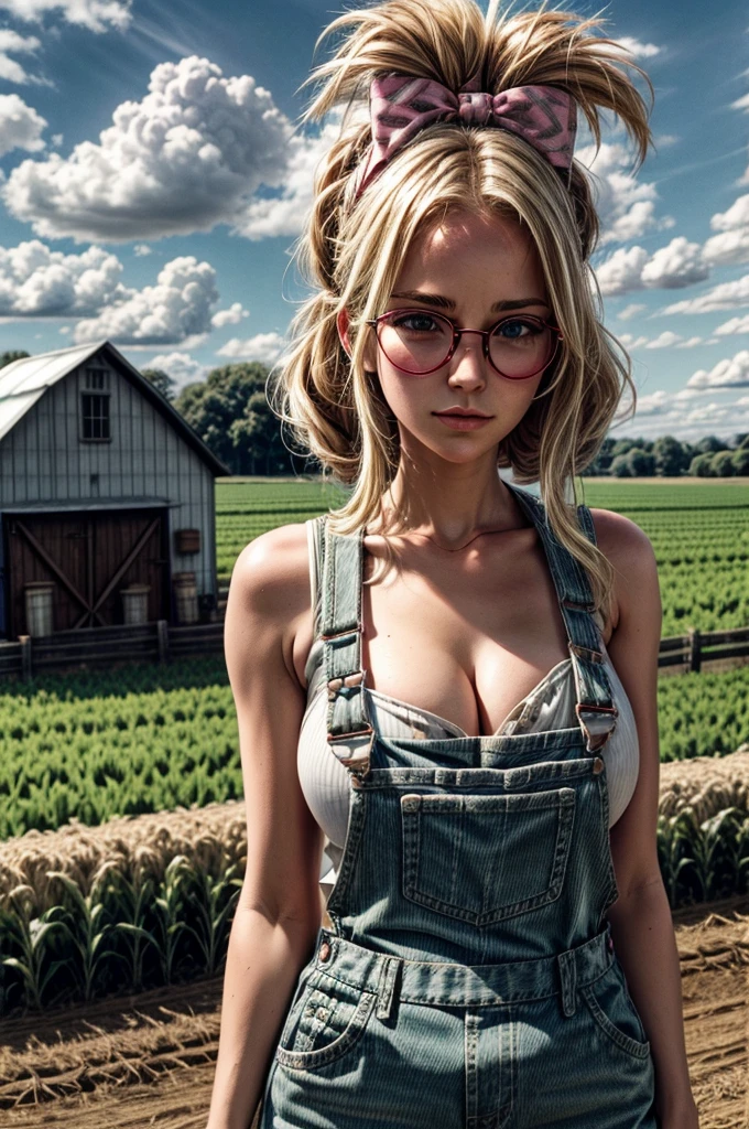 1 girl, blonde hair, (pink hair highlights:0.8), farm girl, sexy farmer overalls, cleavage, round eyewear, glasses, streets, green eyes, solo, farm field, standing, arms behind back