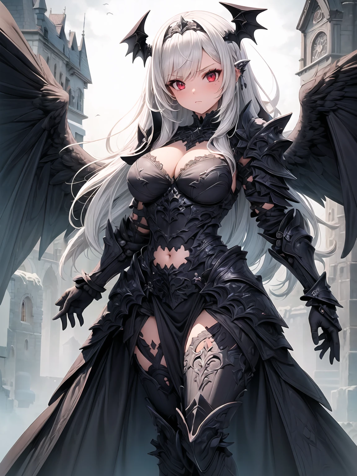 (((masterpiece, best quality, 16k)))queen power armor , (gothic style), full body view , bellybutton, The most beautiful and sexy demon goddess, long white hair, glowing red eyes, wearing detailed black gothic battle armor, black angel wings, tattoos and piercings, gothic castle, perfect masterpiece, high quality, high resolution