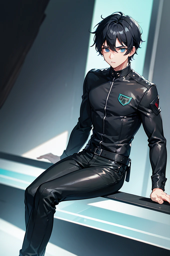 Boy, blue eyes, black hair, green outfit, black pants, gamer