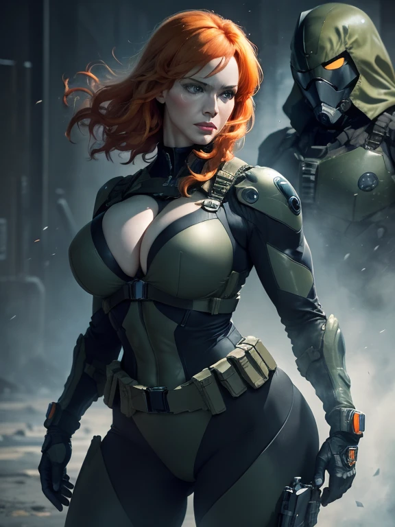 Imagine Christina Hendricks as a Metal Gear Solid character, powerful female character, short wavy orange hair and bright blue eyes, 48 years old, striking and mature facial features, agile and athletic build, (Wearing: Fingerless Gloves, skin-tight suit, black and green stealth suit, cleavage cutout, utility belt, metallic armlets, armored boots, gun holsters), The suit is so tight that Christina Hendricks breasts barely fit in it, The suit emphasizes her stealth and combat prowess. Stealthy and formidable presence of the character, hyper-realistic rendering to capture every minute detail, showcasing the mastery of digital portrait artistry, ultimate photorealistic quality, highly detailed facial expression showcasing the determination and strategy of the character,  subtle hints of high-tech and militaristic elements reflecting the true essence of the Metal Gear Solid universe, vibrant colors with deep gray’s and contrasting cool tones, creating a visually striking and captivating portrait.
