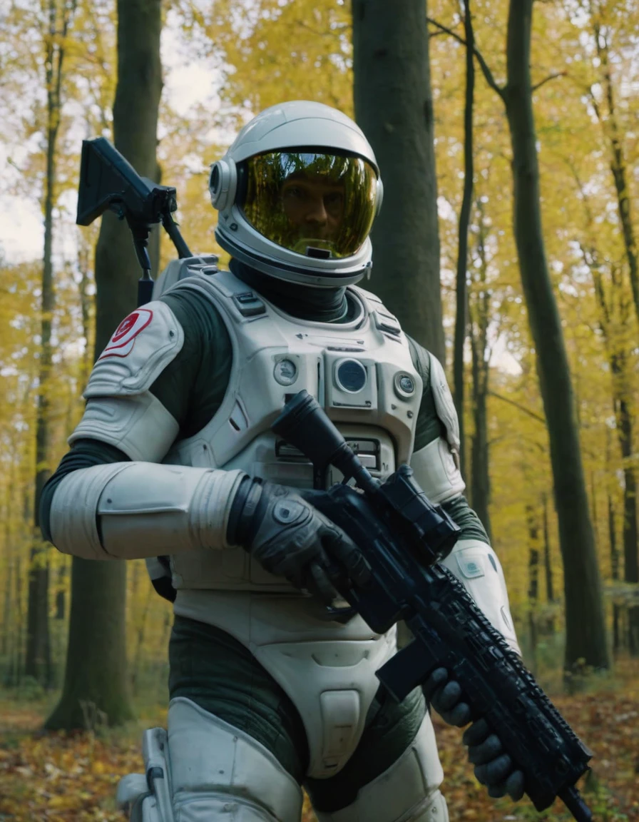 masterpiece, photorealistic highly detailed 8k Steadicam Walk through an Urban Landscape, best cinematic quality, volumetric lighting, msttck, green skin, red eyes, astronaut helmet, holding weapon, gun, Autumnal Forests